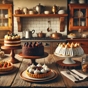 DALL·E 2024-08-31 16.21.24 - A classic kitchen scene featuring a variety of beautifully prepared classic cakes and tarts on a rustic wooden table. The desserts include Black Fores